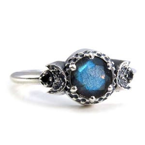 Labradorite and Black Diamond Triple Moon Goddess Ring - Sterling Silver Engagement