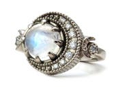 Full Moon Diamond Crescent and Moonstone Celestial Engagement Ring - 14k Yellow, Rose or Palladium White Gold