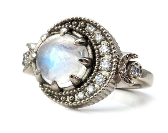 Full Moon Diamond Crescent and Moonstone Celestial Engagement Ring - 14k Yellow, Rose or Palladium White Gold