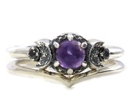 Purple Amethyst and Black Diamond Moon Ring Engagement Set in Sterling Silver