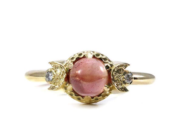 Pink Oregon Sunstone Gold Moon Ring with Tiny Diamonds - Alternative Engagement Ring