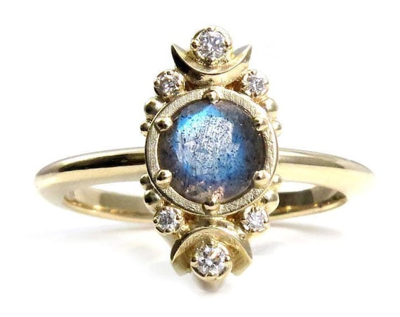 Gold Moon Ring - Labradorite and Diamond Engagement Ring with Tiny Crescent Moons