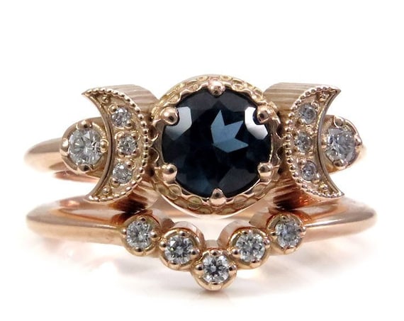 Hecate Moon Engagement Ring Set - London Blue Topaz & White Diamonds with Diamond Chevron Wedding Band