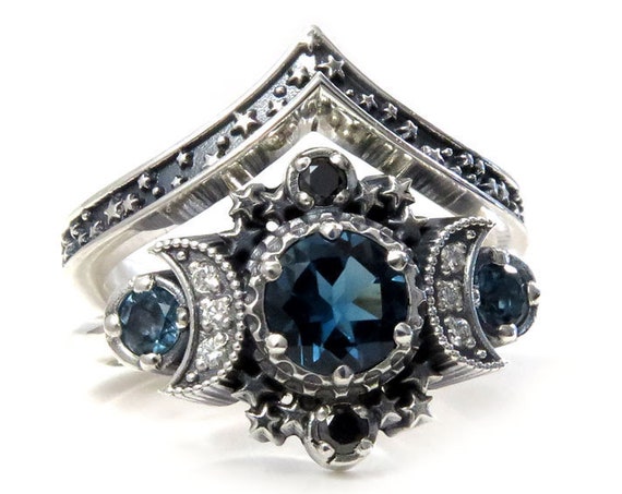London Blue Topaz Cosmos Moon Engagement Ring Set Triple Moon Goddess Silver Ring with Stardust Chevron Wedding Band