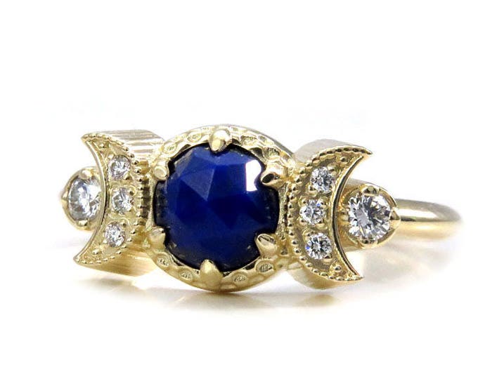 Lapis Lazuli Engagement Ring with Diamond Crescent Moons - Bohemian Moon Phase Gold Ring