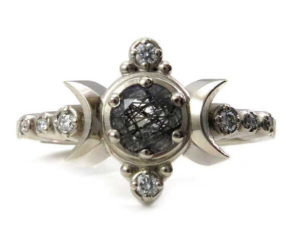 Compass Moon Engagement Ring - Rutile Quartz with Diamonds - 14k Palladium White Gold