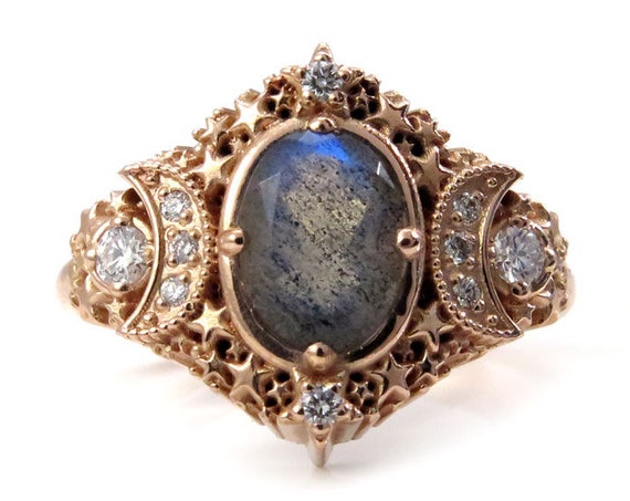 Oval Starseed Engagement Ring - Labradorite and Diamonds - Recycled Gold Jewelry