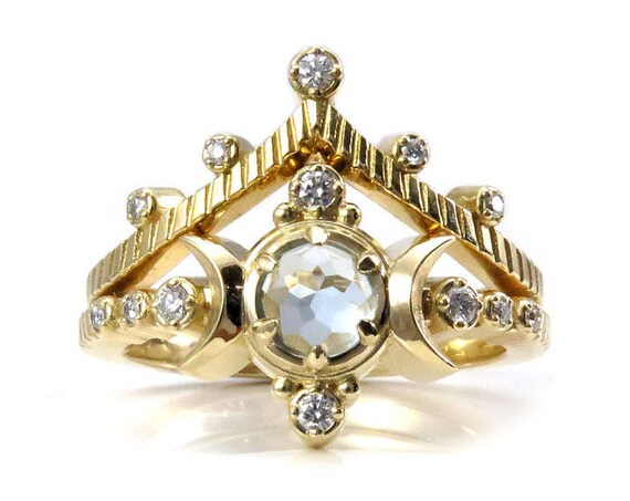 Boho Moon Ring Engagement Set - Light Blue Topaz with Diamonds