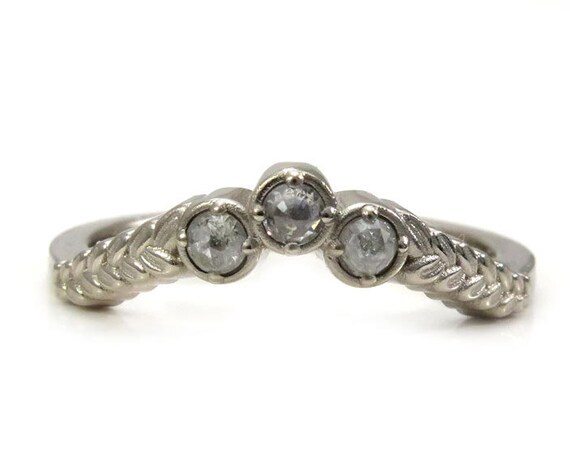 Grey Rose Cut Diamond Curved Sage Leaf Wedding Band - 14k Gold Botanical Jewelry