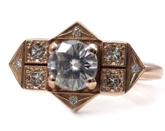 Modern Art Deco Engagement Ring - 6.5mm Forever One Moissanite with Princess and Round Diamonds - 14k Rose Gold