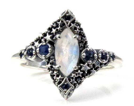 Rainbow Moonstone and Sapphire Stardust Engagement Ring - Silver Silver - Pick Your Center Stone