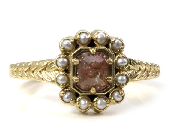 Rustic Emerald Cut Diamond Engagement Ring with Grey Seed Pearl Halo - Rose Cut Diamond Ring