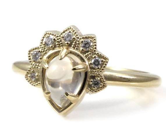 Moonstone and Diamond Asteroid Crown Ring - Rose, Yellow or White Gold Pear Engagement Ring