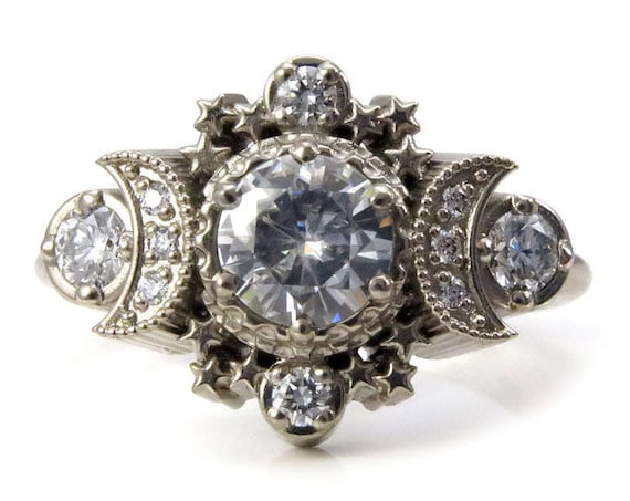 Diamond Moon Ring Cosmos Boho Engagement - Moissanite or Diamonds Custom Wedding Ring