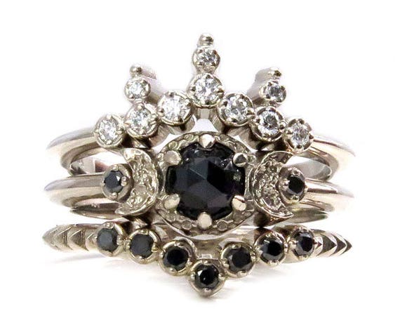 Night Queen Engagement Ring Set - Gothic Boho Black and White Diamonds Stacking Ring Set
