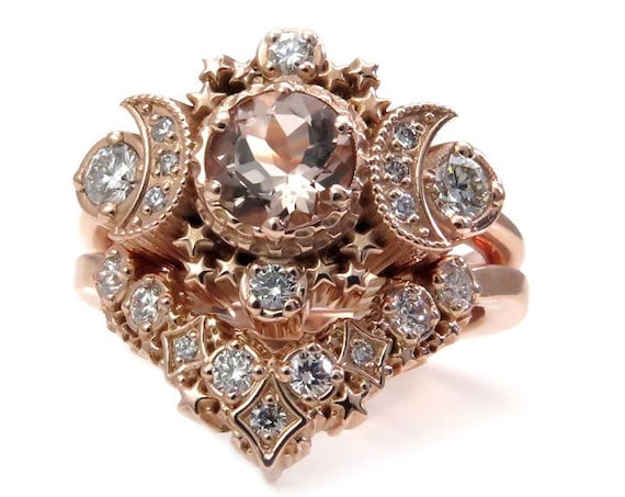 Morganite and Diamond Cosmos Engagement Ring Set - Moon Engagement Ring with Stardust Wedding Band