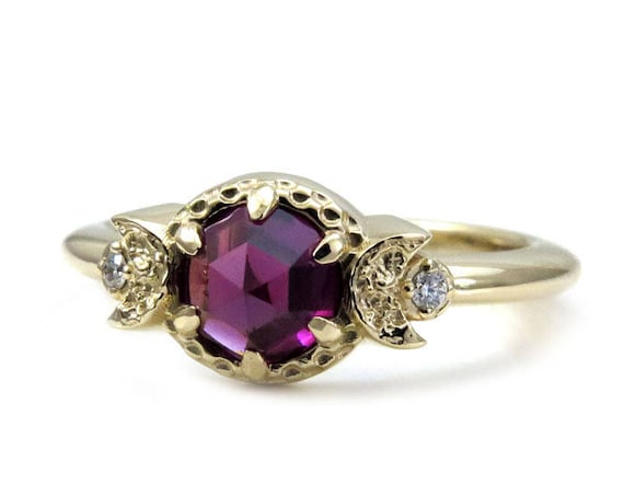 Rhodolite Garnet Moon Phase Engagement Ring - 14k Gold with Diamonds