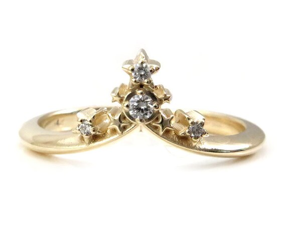 Starseed Stacking Chevron Wedding Band - 14k Gold with Black or White Diamonds