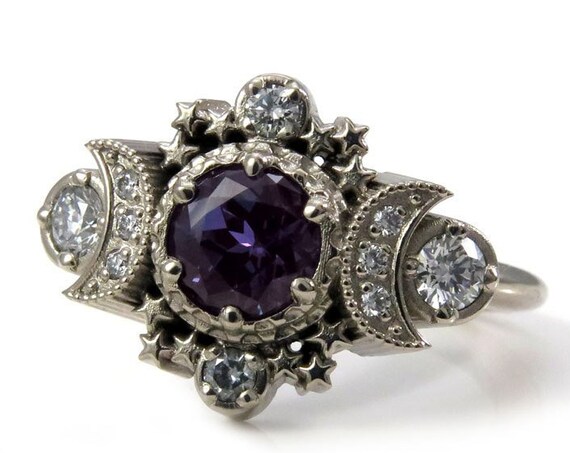 Chatham Alexandrite and Diamond Cosmos Moon and Star Engagement Ring - Gold Fine Jewelry
