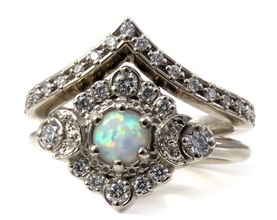 Lab Opal Moon Halo Engagement Ring Set- Celestial Wedding Rings with Star Chevron Wedding Band