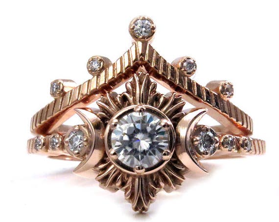 Moon Beam and Stardust Engagement Ring Set - 14k Rose Gold with Forever One or Diamond Center Stone