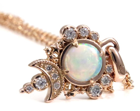 Opal Moon Pendant - White Diamond Celestial Necklace - 14k Rose Gold - Ready to Ship