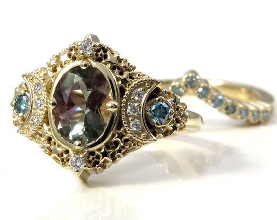 Ready to Ship Size 6 - 8 -Starseed Engagement Ring Set - Oval Bi-Color Oregon Sunstone and Irradiated Blue and White Diamonds