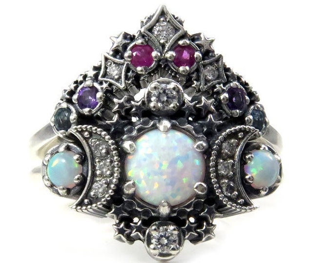 Lab Opal Cosmos Moon and Star Ring - Sterling Silver with White Diamonds and Nebula Stardust Crown