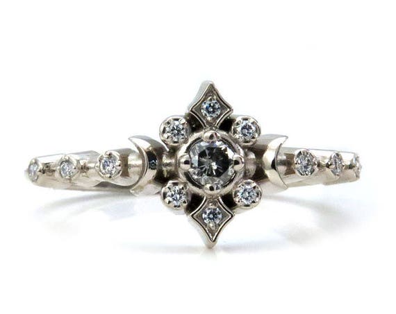 Grey and White Diamond Tiny Moon and Star Engagement Ring - Petite Fine Jewelry