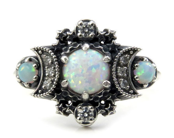 Lab Opal Cosmos Moon and Star Ring - Sterling Silver with White Diamonds - Boho Engagement