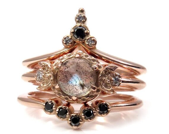 Moon Temple Rose Gold Engagement Ring Set - Rose Cut Labradorite with Black and White Diamonds