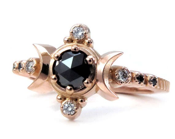 Black and White Diamond Compass Moon Engagement Ring - Rose Gold