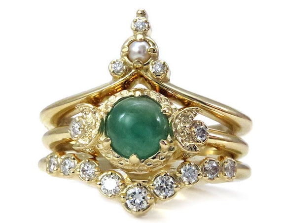 Emerald Moon Temple Gold Engagement Ring Set with White Diamonds and Seed Pearl