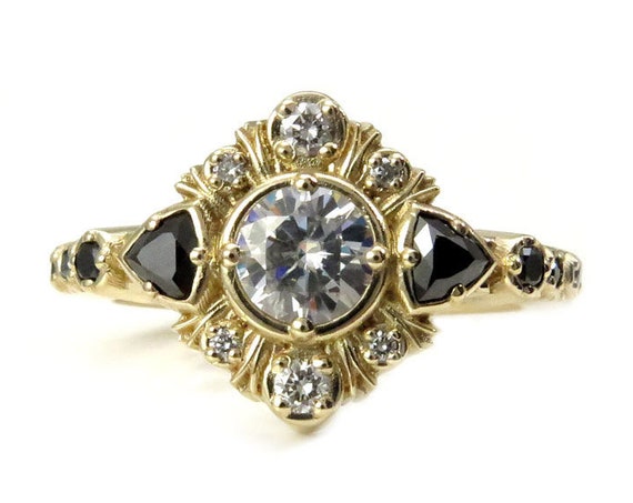 Art Deco Moissanite Engagement Ring with Black Diamond Trillions and Gold Fringe