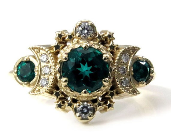 Chatham Emerald & Diamond Cosmos Moon Engagement Ring - Rose, Yellow or Palladium White Gold - Boho Moon Phase Jewelry