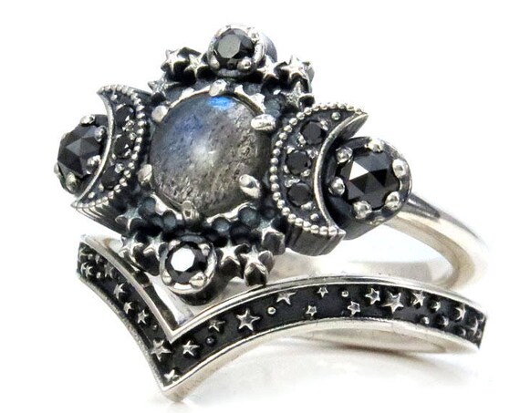 Labradorite Cosmos Engagement Ring Set - Triple Moon Goddess Silver Ring - Sterling Silver
