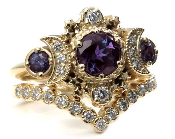 Chatham Alexandrite Cosmos Gold Moon Engagement Ring Set - Moon & Star Celestial Wedding Rings
