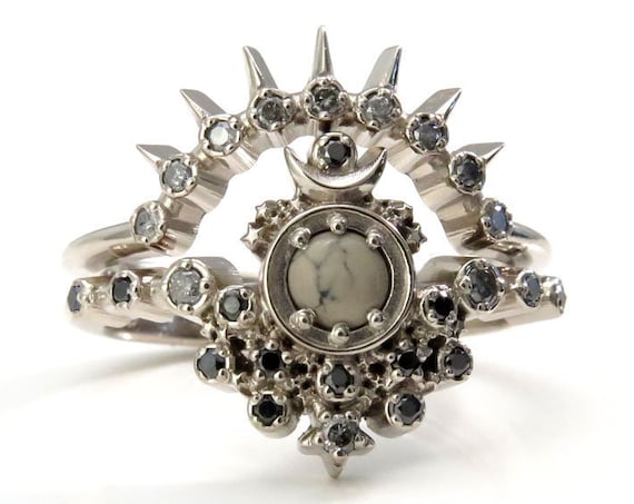 Ready to Ship Size 6 - 8 - Variscite Moon Witch Engagement Ring Set with Salt & Pepper and Black Diamonds Gothic Engagement Ring Set