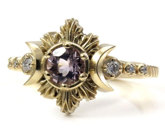Morganite Moon Fire Lunar Engagement Ring with White Diamonds - 14k Gold Celestial Jewelry