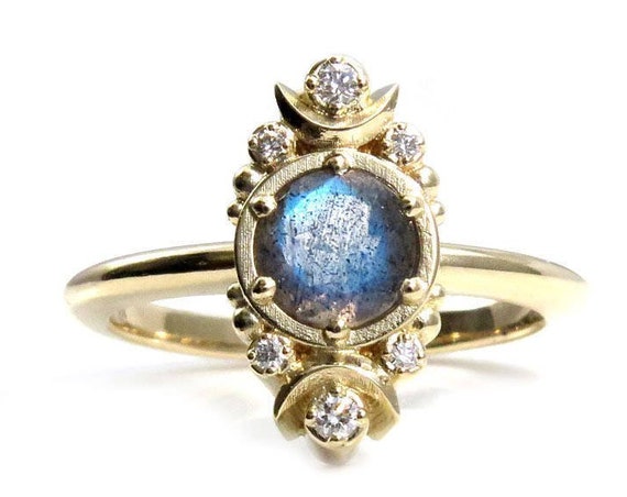 Gold Moon Ring - Labradorite and Diamond Engagement Ring with Tiny Crescent Moons