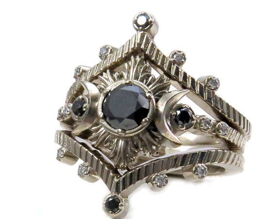 Moon and Star Diamond Engagement Ring Set - Black and White Gothic Celestial Wedding Rings