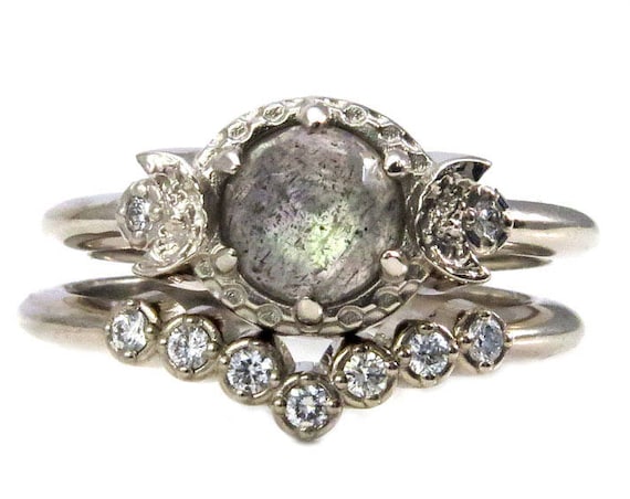 Rose Cut Labradorite and Diamond Moon Engagement Ring Set - 14k Gold Bohemian Wedding Rings