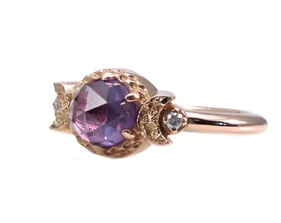 Lab Alexandrite Moon Engagement Ring with White Diamonds - Rose, Yellow or Palladium White Gold