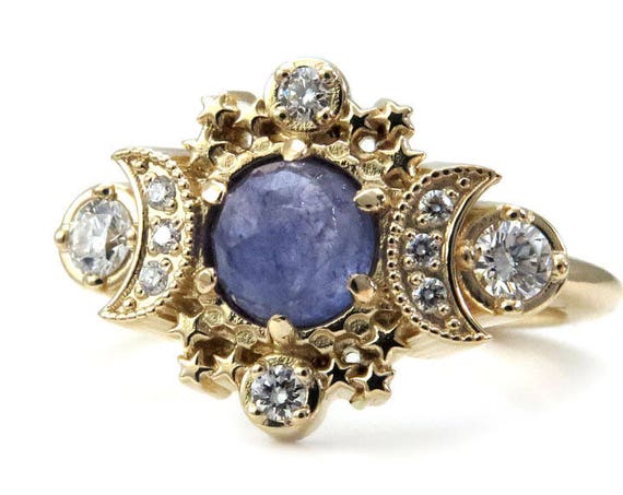 Rustic Rose Cut Tanzanite Cosmos Engagement Ring - Moon and Star Diamond Ring