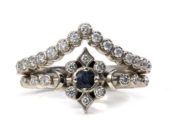Moon Goddess Alexandrite Engagement Ring with Diamond Pave Wedding Band - Ceremony Ring Set