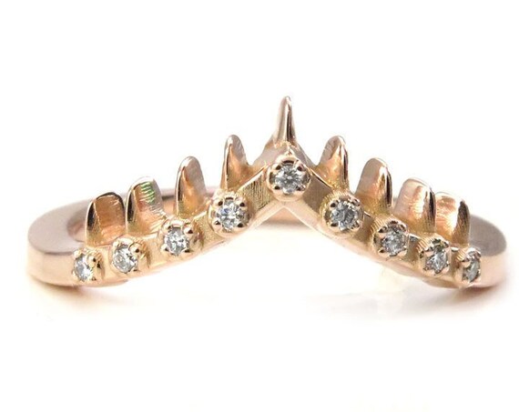 Spiked Crown Chevron Pave Diamond Wedding Band - 14k Yellow, Rose or Palladium White Gold