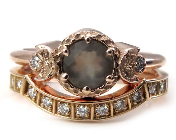 Modern Gothic Engagement Ring Set - Faceted Grey Moonstone and Diamond Moon Phase Stacking Wedding Rings