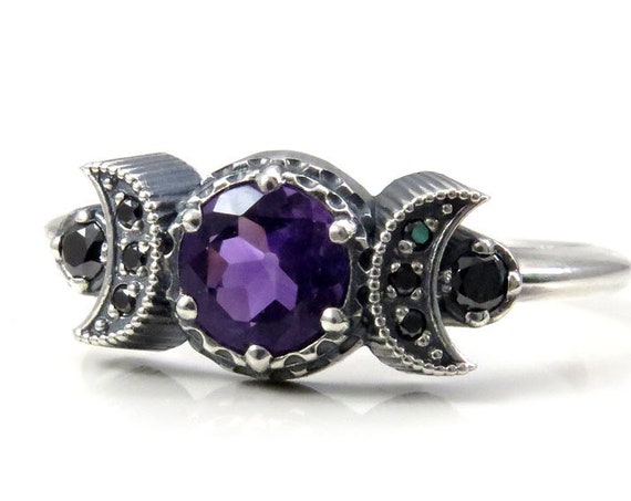 Hecate Triple Moon Ring - Pick Your Center Stone - Sterling Silver and Black Diamond Engagement
