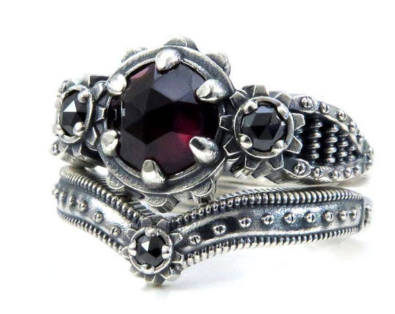 Ladies Steampunk Engagement Ring Set - Rose Cut Blood Red Garnet and Black Diamond - Sterling Silver