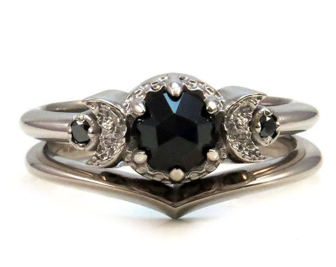 Crescent Moon Engagement Ring Set - 14k Palladium White Gold with Black Diamonds and Black Spinel or Black Diamond